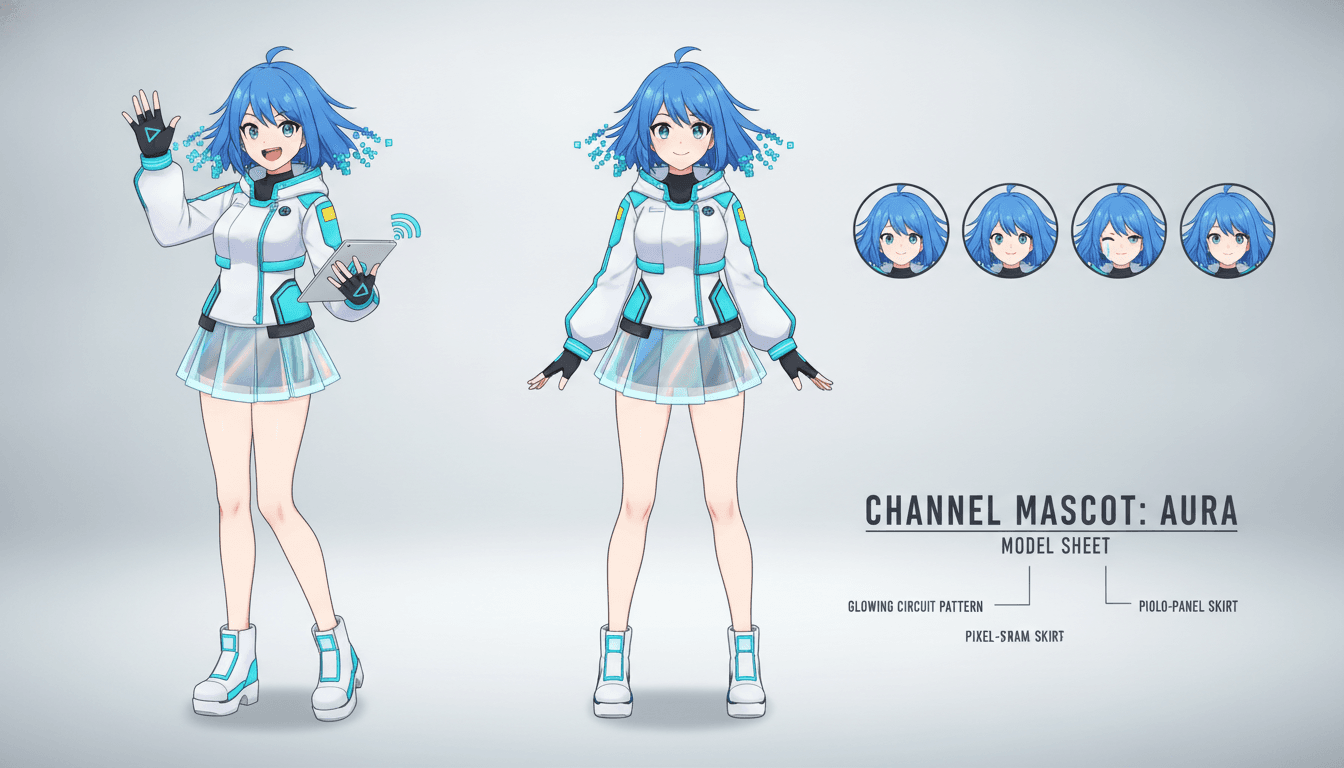 An anime channel mascot character shown in consistent front and three-quarter views