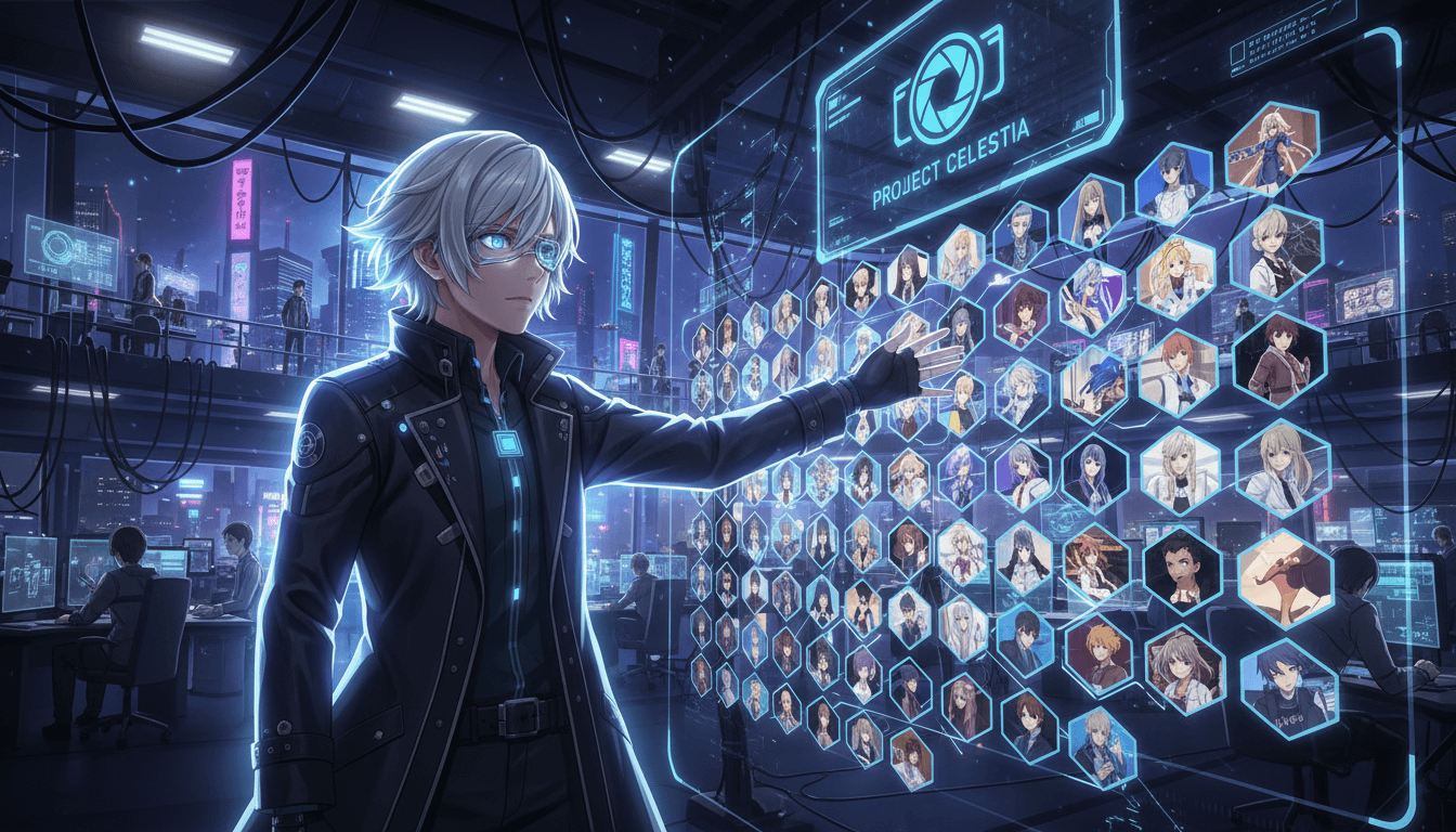 An AI anime agent at a planning wall covered in shot cards for an anime production