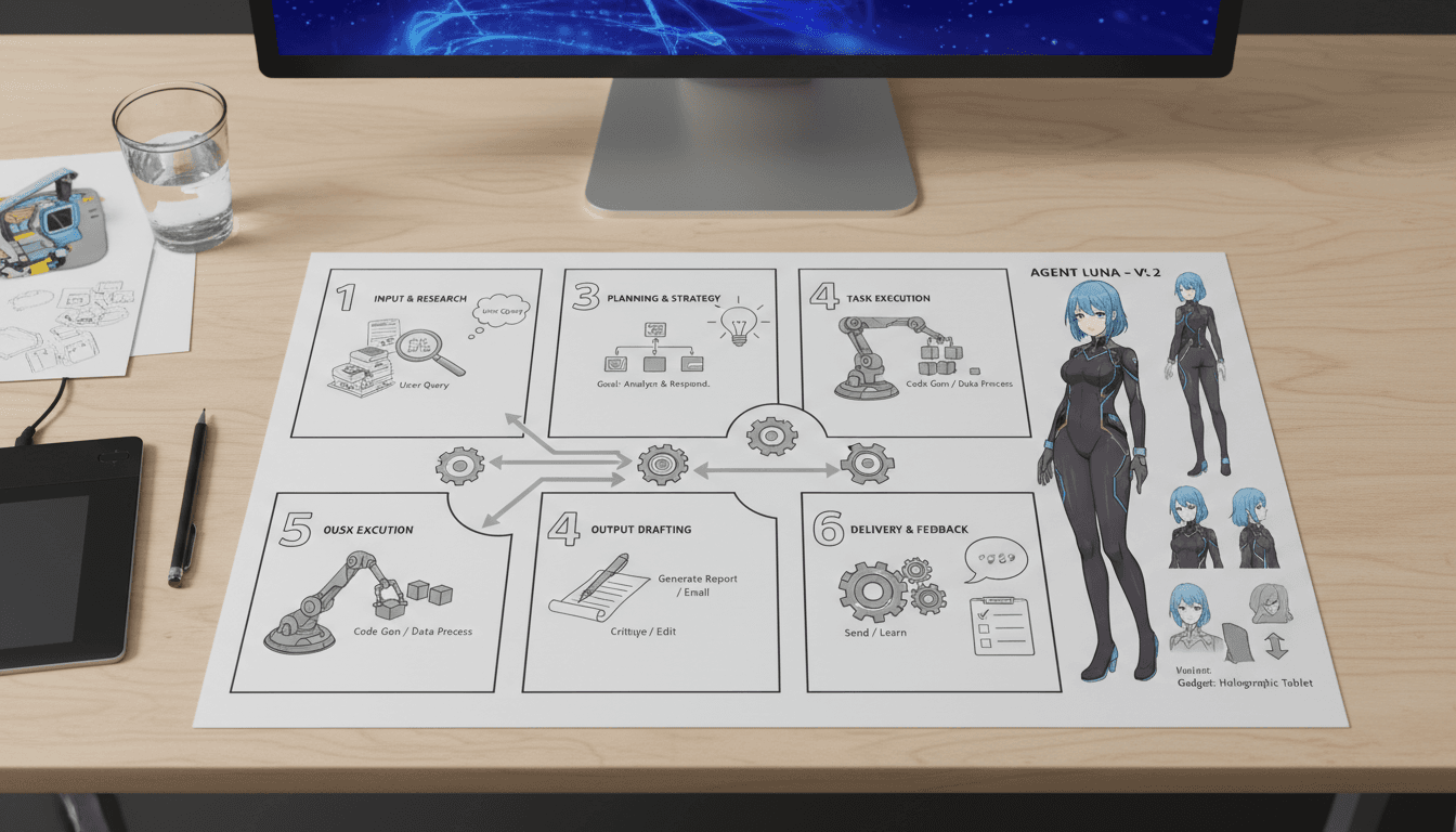 An agent workflow drawn as a chain of anime production steps on a storyboard sheet