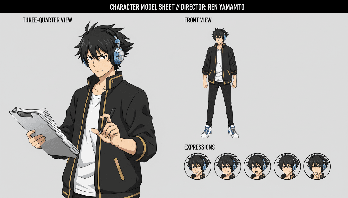 An anime character model sheet showing a director character in consistent front and three-quarter views