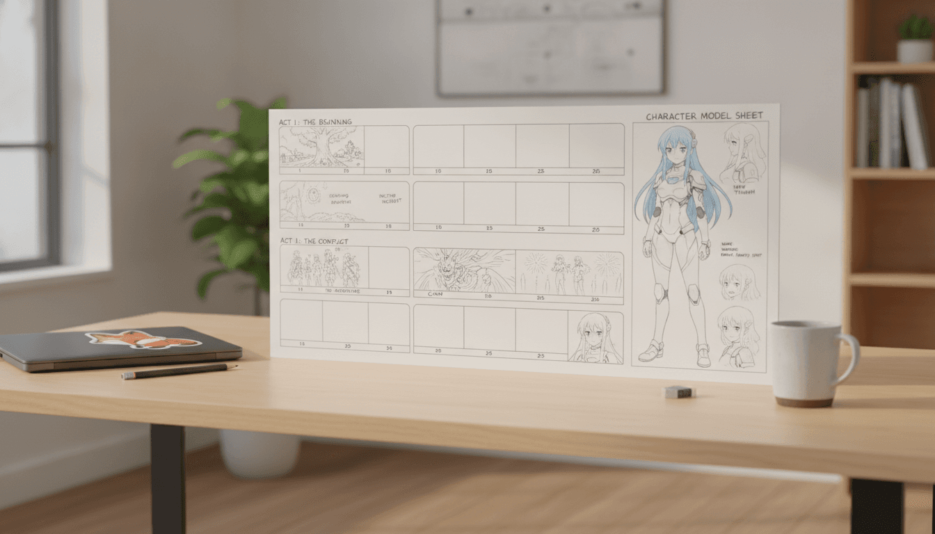 Anime storyboard sheet with a feature-length structure mapped across three acts in numbered panels