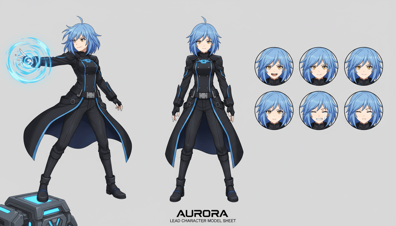 Anime character model sheet showing a film lead in front, three-quarter and expression views