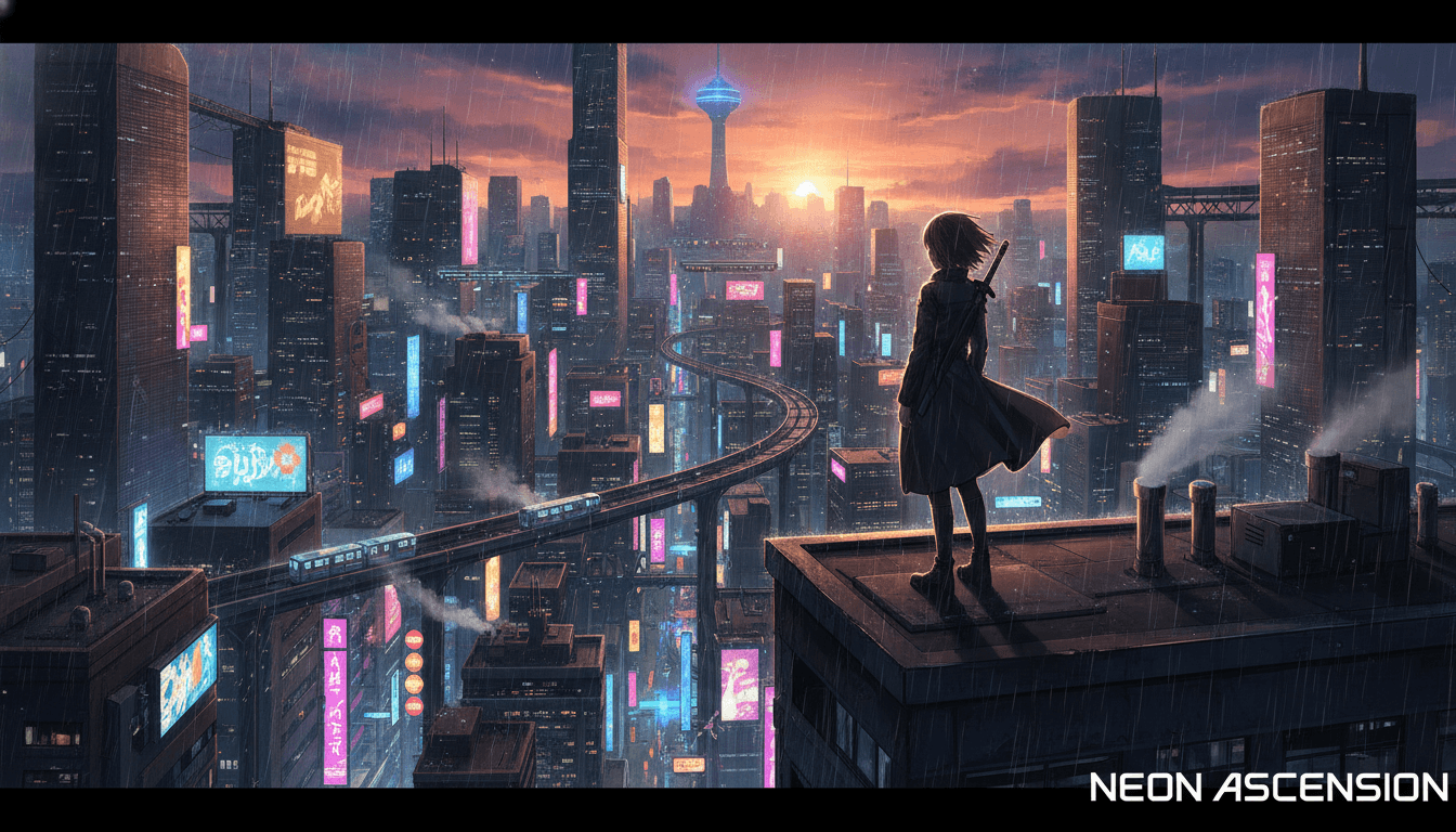 An anime protagonist standing on a rooftop at dusk overlooking a neon city