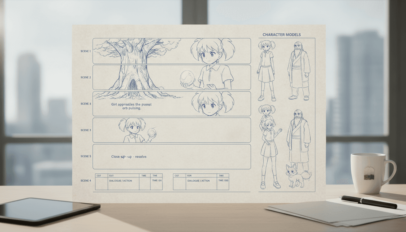 A storyboard sheet showing a short film being broken down into numbered anime scenes