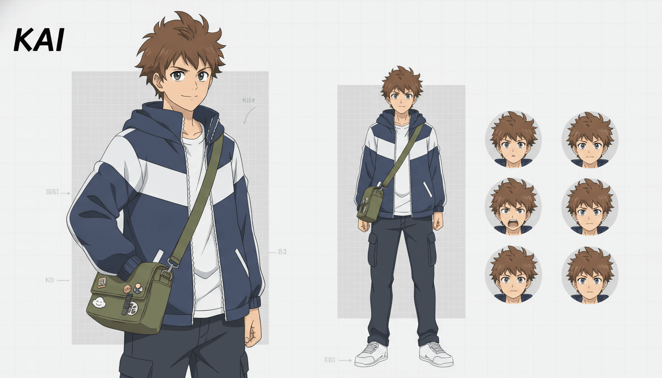 An anime character model sheet showing a teenage protagonist in front and three-quarter views with an expression row