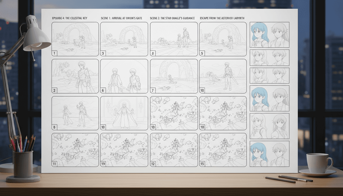 An anime storyboard sheet with numbered panels and a character model sheet in the margin