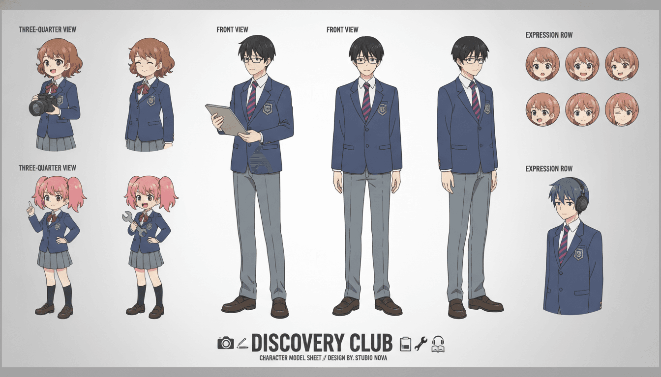 An anime character model sheet showing four club members kept on model across front, three-quarter and expression views