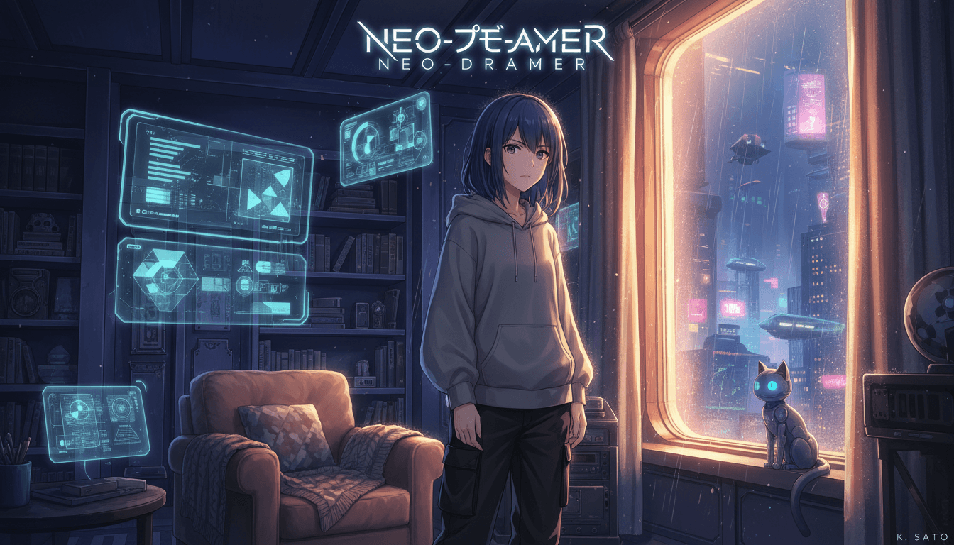 An original anime character standing in their own setting, lit as an anime key visual