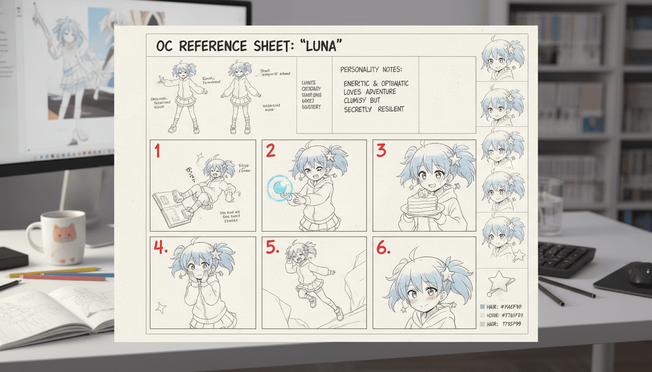 A storyboard sheet pairing an OC reference sheet with numbered scene panels