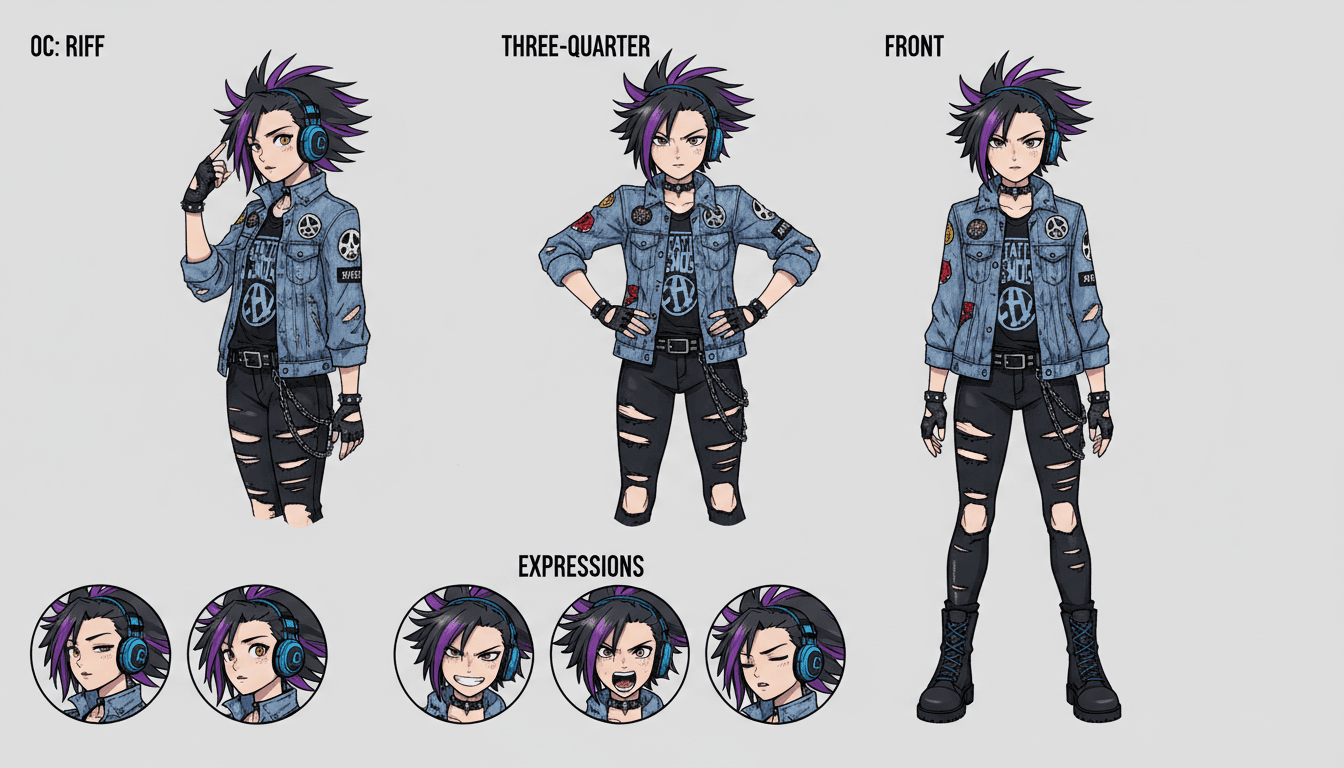 An anime character model sheet showing one OC in front and three-quarter views with an expression row
