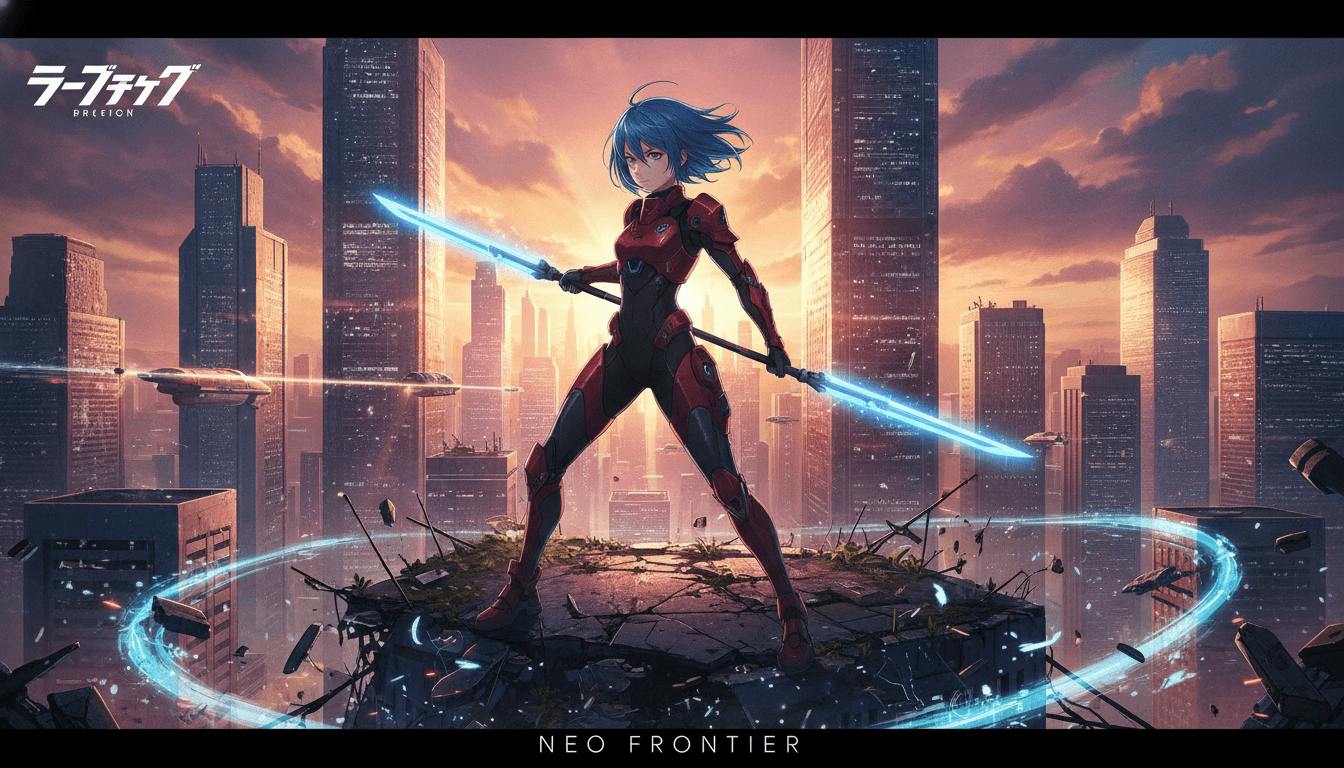 An original anime character staged in a cinematic scene with dramatic rim lighting