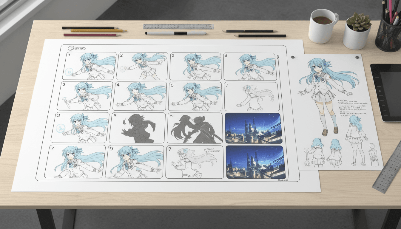 An anime storyboard sheet with numbered panels and a character model sheet in the margin