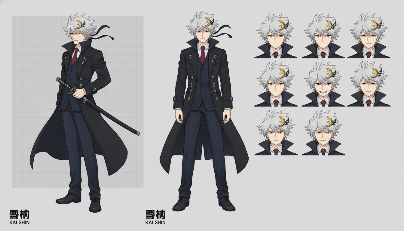 An anime character model sheet showing front, three-quarter and expression views of one protagonist