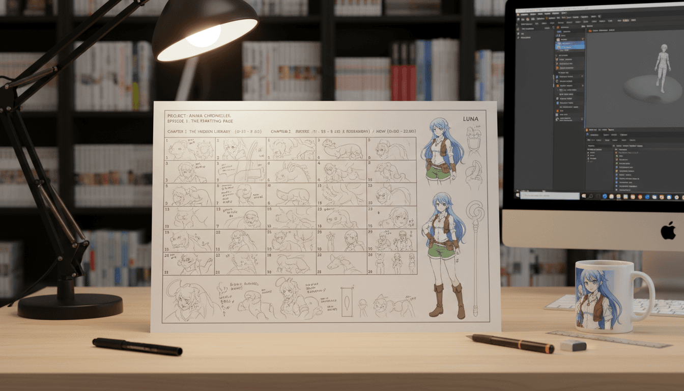 A storyboard sheet mapping a book's chapters onto numbered anime scene panels