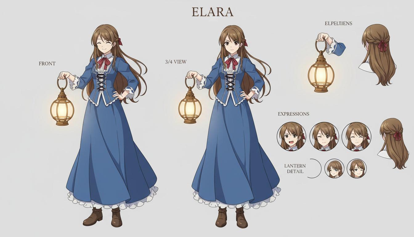 An anime character model sheet of a period-dress character with a lantern in front and three-quarter views