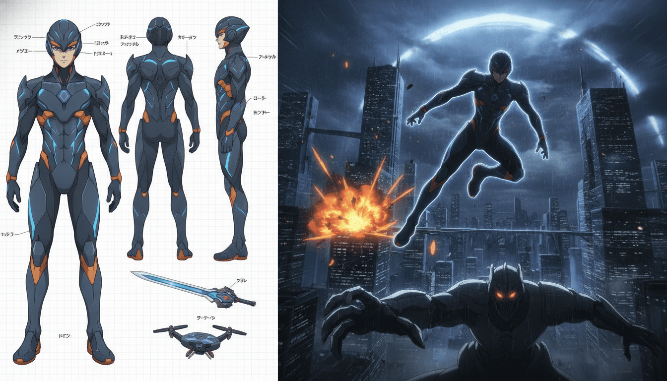 A character reference sheet on the left and the finished anime shot rendered from it on the right