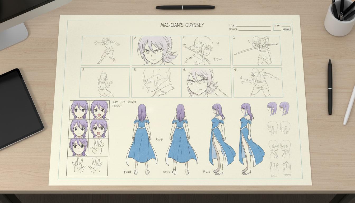 An anime storyboard sheet with numbered panels and a character model sheet in the margin