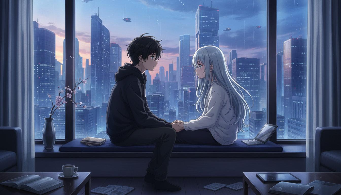 Two anime characters in a quiet emotional scene by a window, adapted from a fanfiction chapter