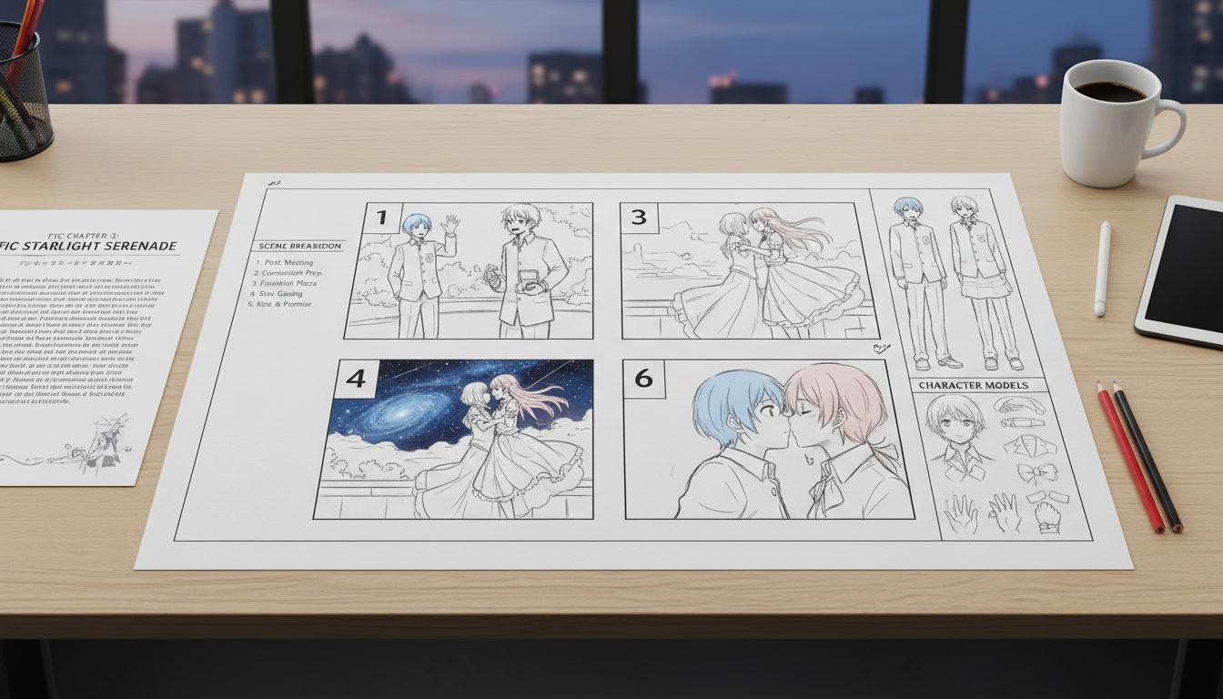 A fanfiction chapter beside its numbered anime scene breakdown on a storyboard sheet
