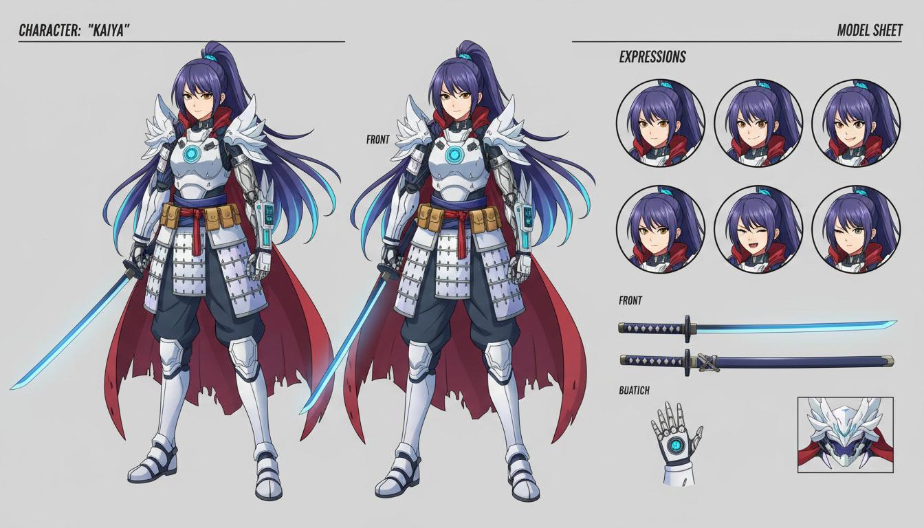 An anime character model sheet with front and three-quarter views and an expression row