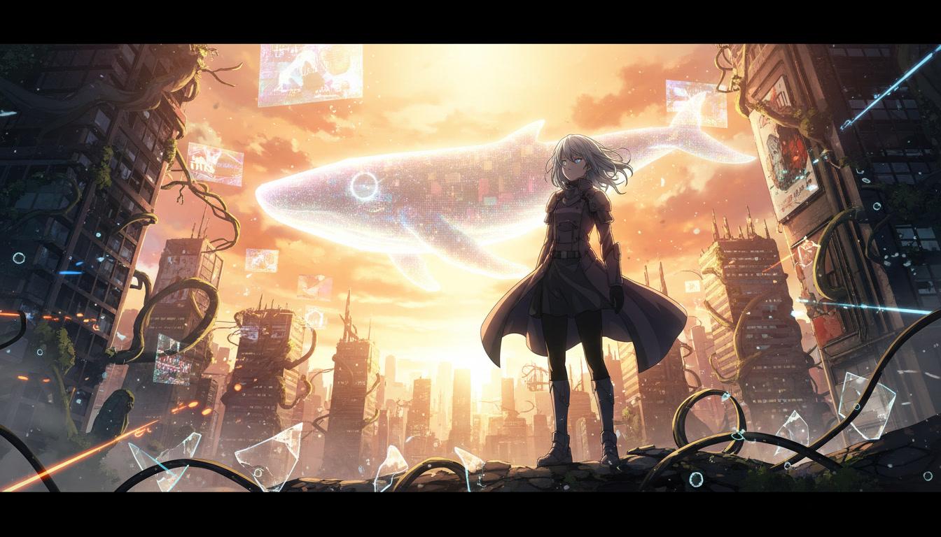 A still anime illustration coming alive as an animated scene with dramatic rim lighting