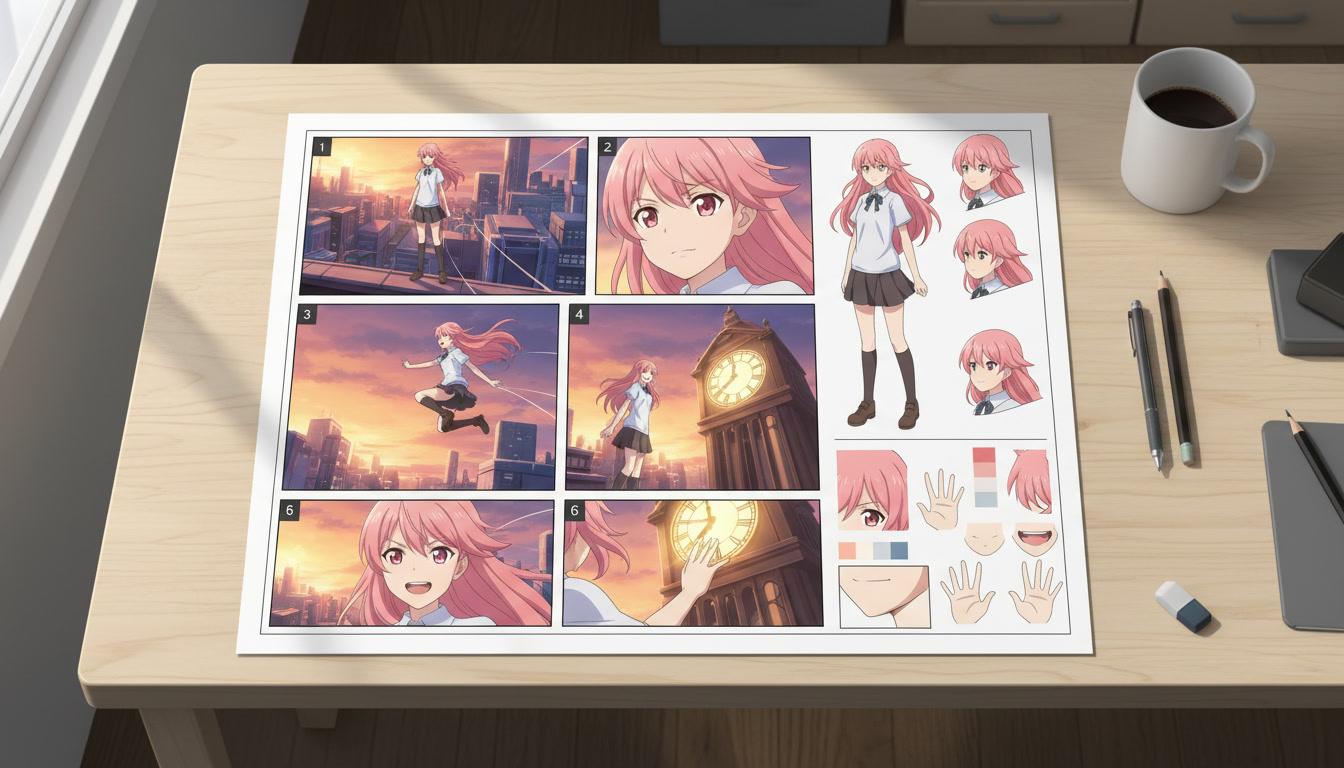 A storyboard sheet showing one image expanding into a numbered sequence of anime shots