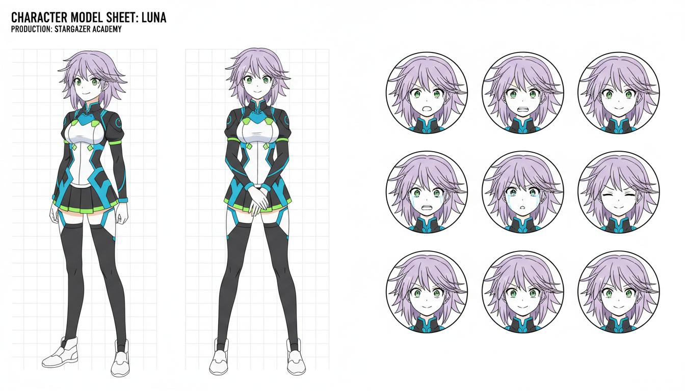 An anime character model sheet showing one design lifted from a single image into consistent front and three-quarter views