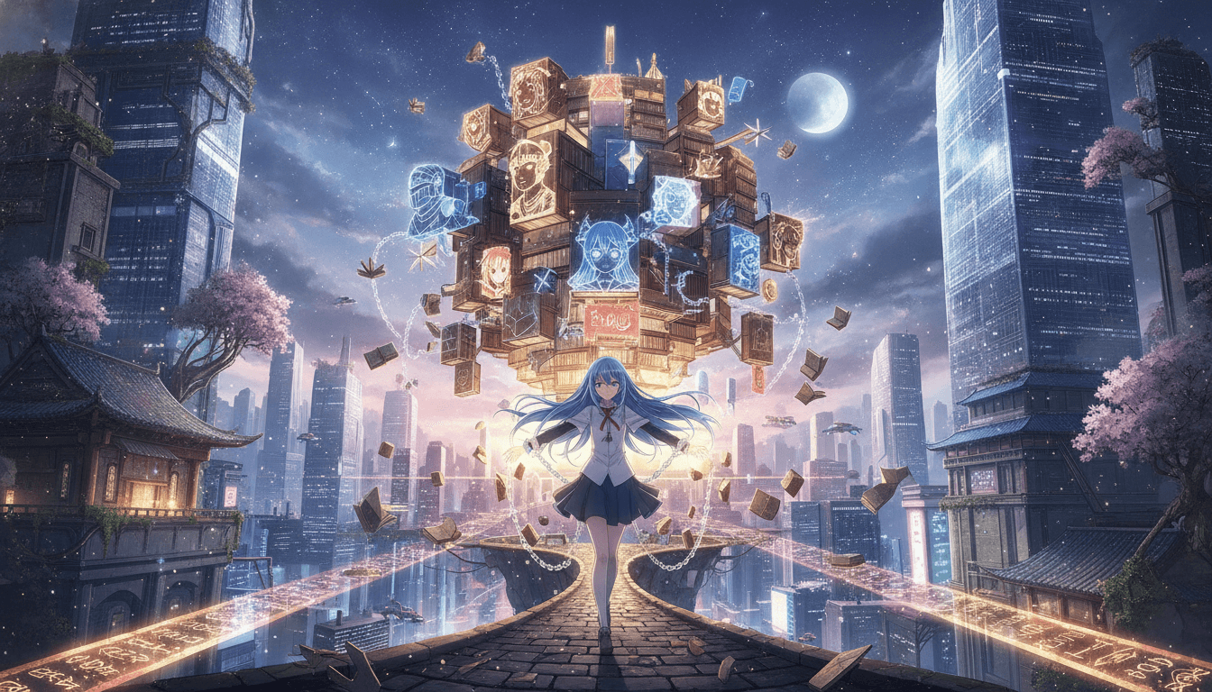 An anime character library being carried to a new home under dramatic rim lighting