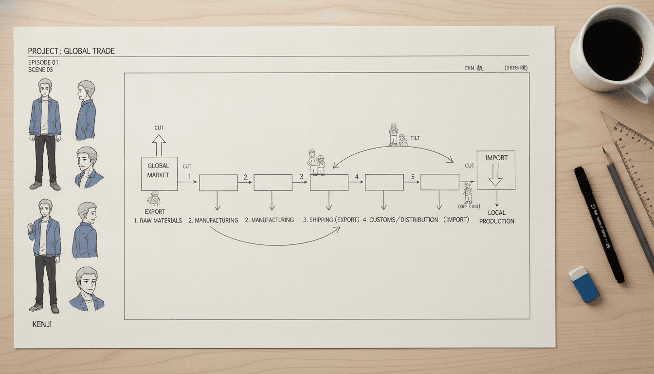 An anime storyboard sheet showing an export and import flow drawn as a numbered path