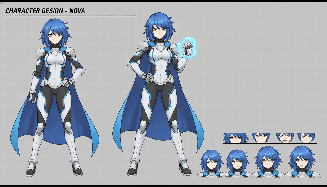 An anime character model sheet showing front, three-quarter and expression views of one original character
