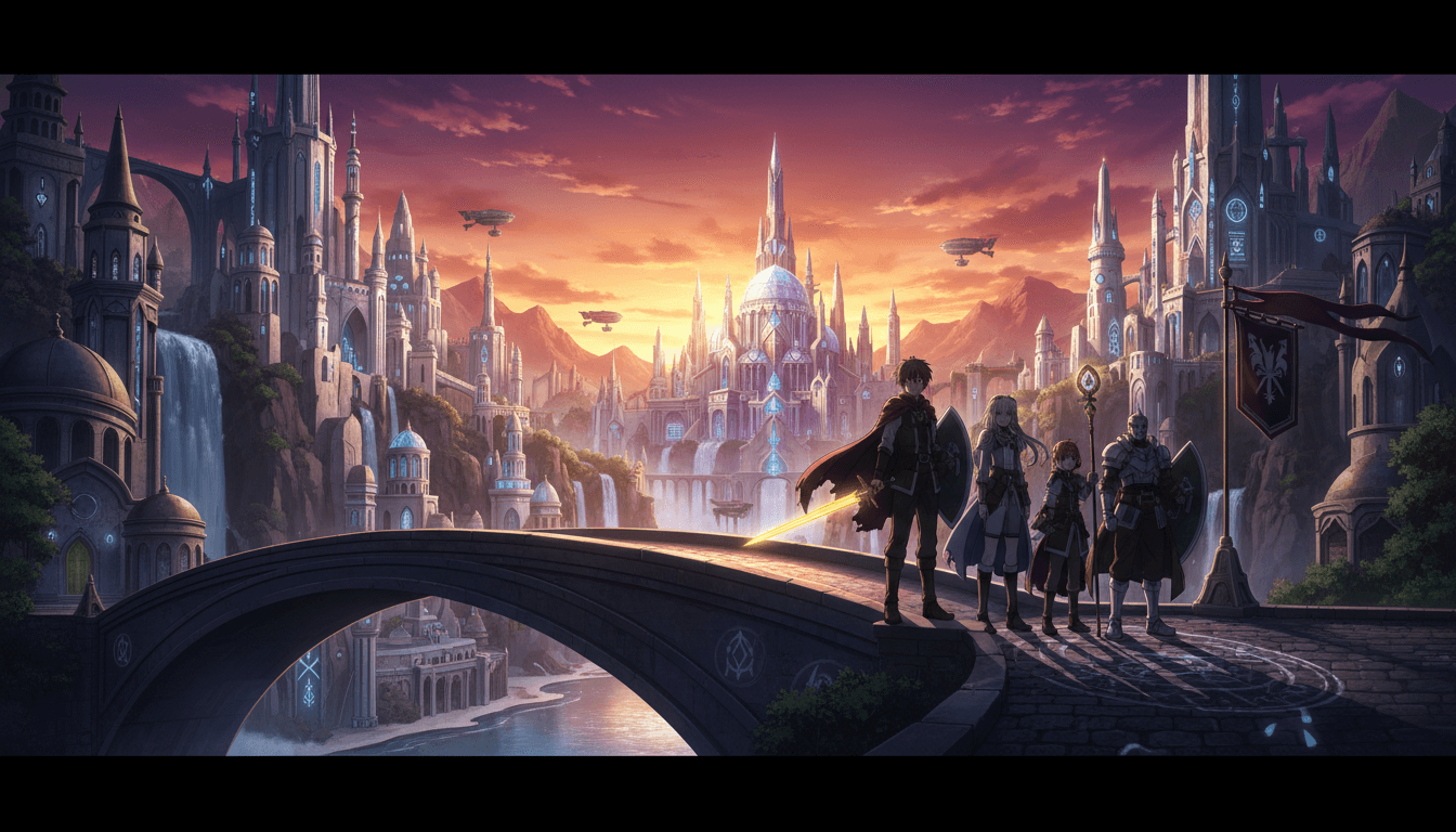 An isekai party arriving at the gates of a fantasy capital in an anime key visual