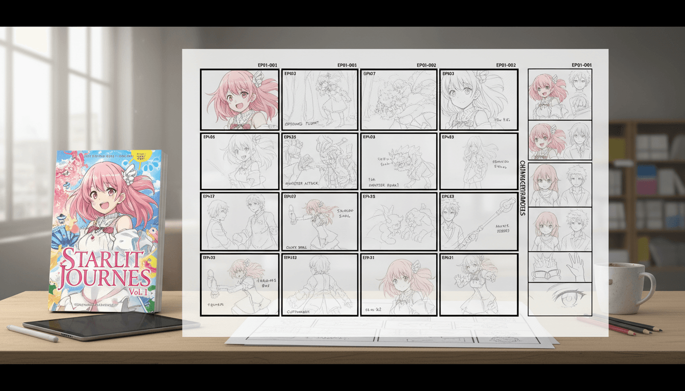 A light novel volume beside its episode breakdown on a numbered storyboard sheet