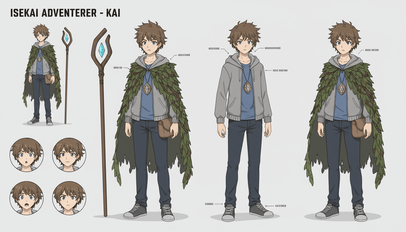 An anime character model sheet for a light novel protagonist in front and three-quarter views