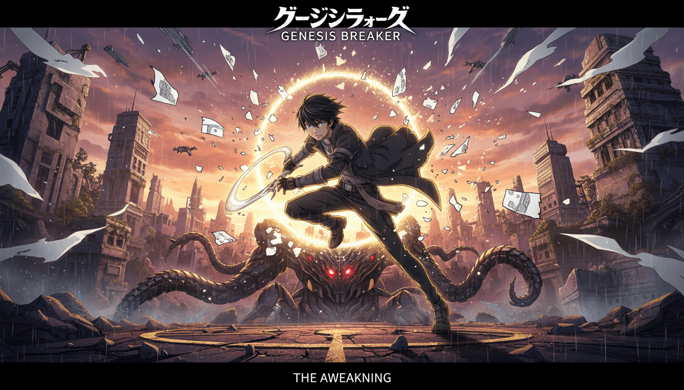 A manga panel bursting into full anime motion with dramatic rim lighting
