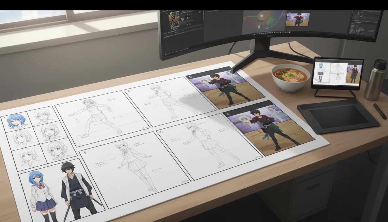 An anime storyboard sheet showing numbered manga panels beside their animated equivalents