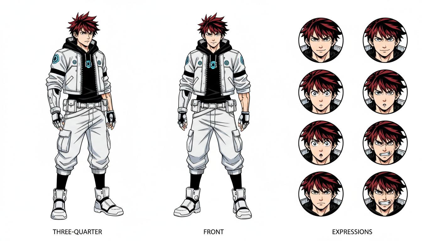 An anime character model sheet of a manga protagonist in front and three-quarter views with an expression row