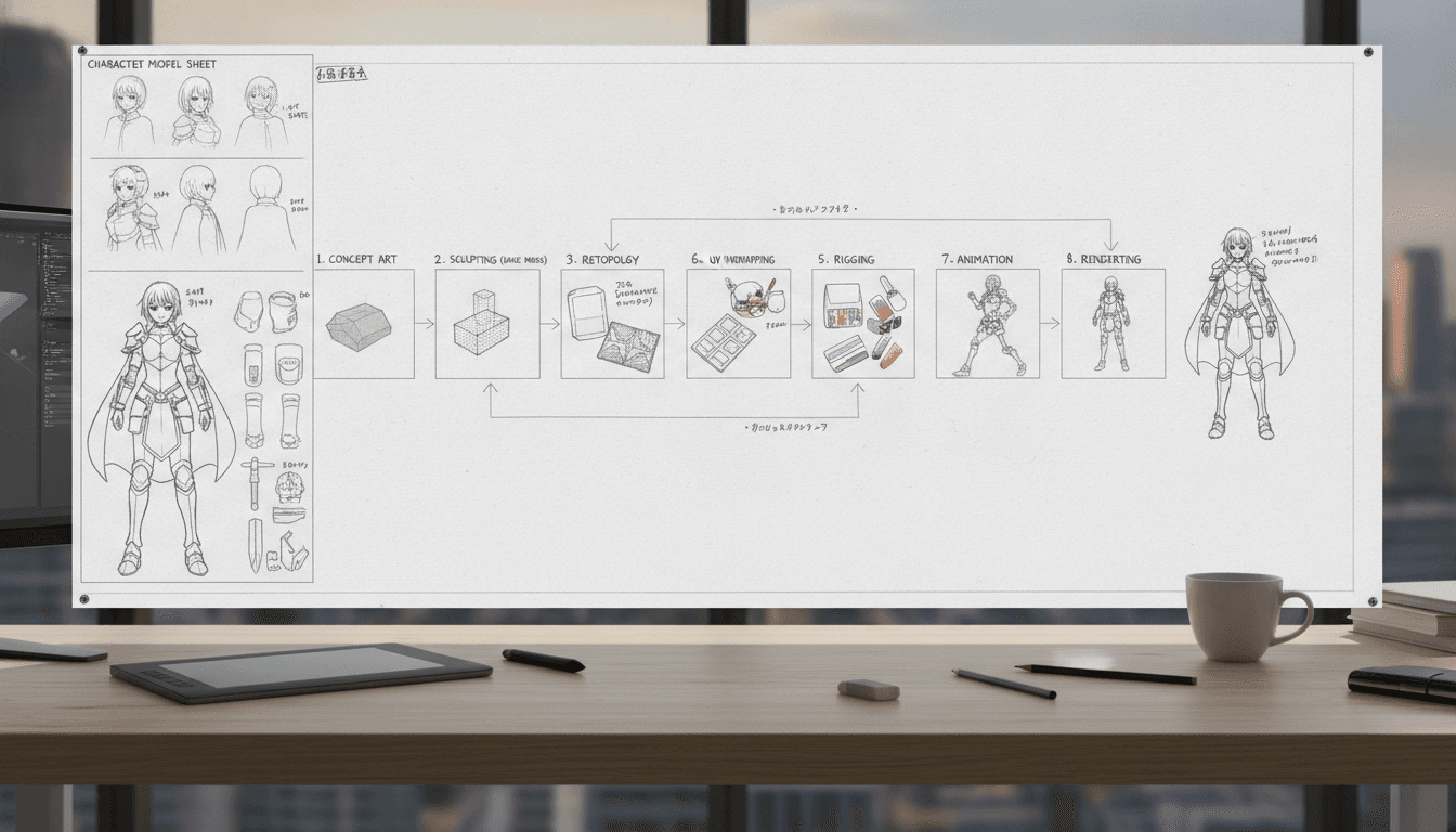 A storyboard sheet showing the Minimax H3 render pipeline as numbered panels with a character model sheet in the margin