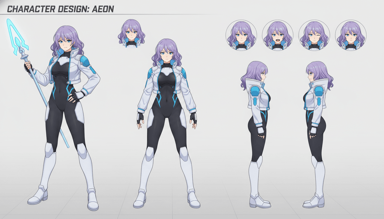 An anime character model sheet showing the same character held consistently across front, three-quarter and expression views