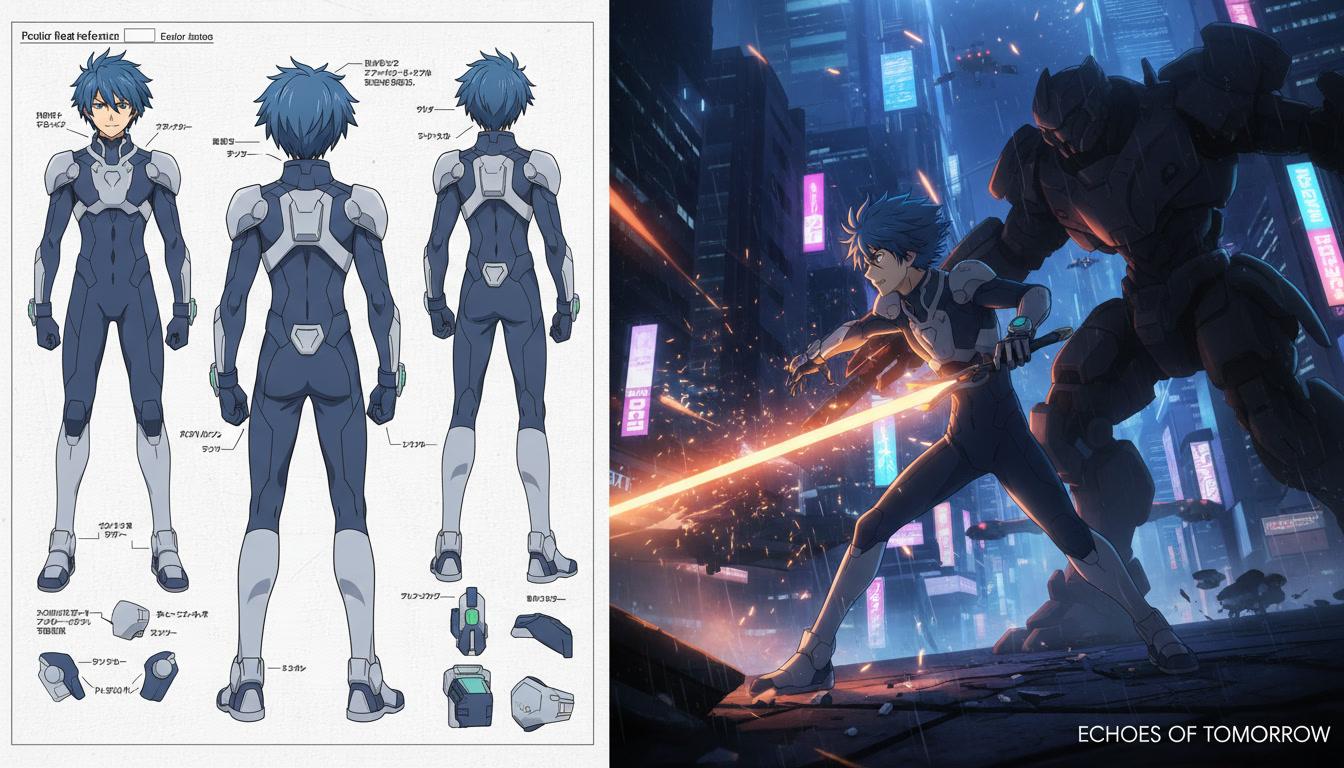 A character reference sheet sitting beside the animated anime scene generated from it