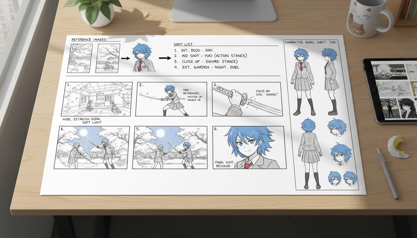 A storyboard sheet showing reference images feeding into a numbered shot list