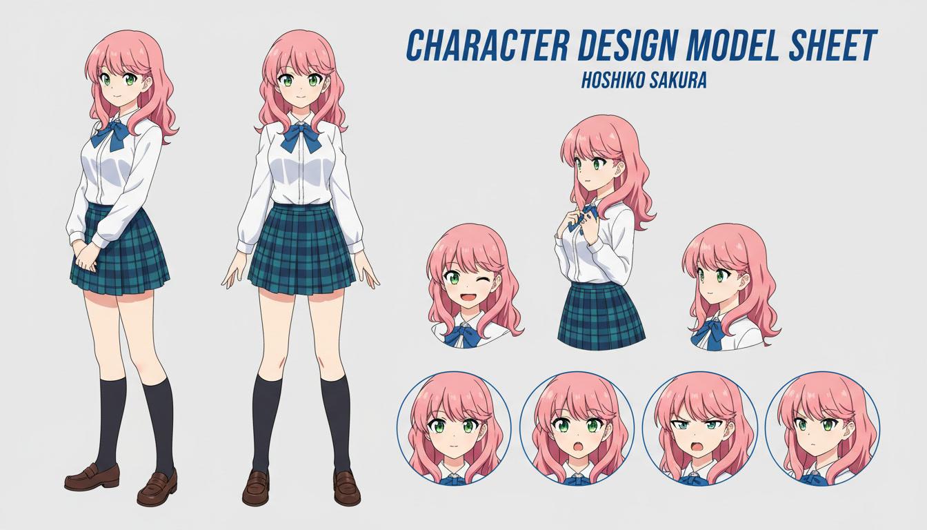 An anime character model sheet holding one design across front, three-quarter and expression views