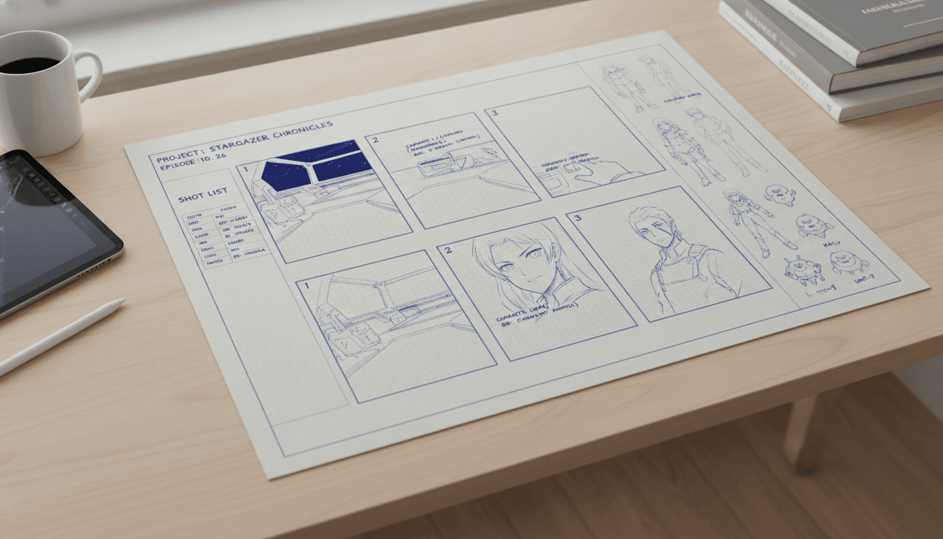 An anime shot list annotated with render settings beside a character model sheet