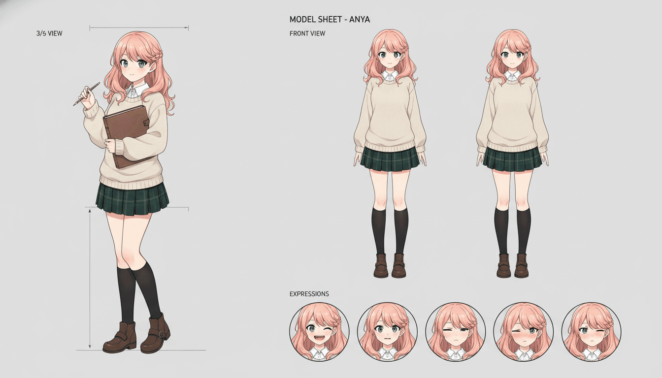 An anime character model sheet showing one character held on model across stitched shots