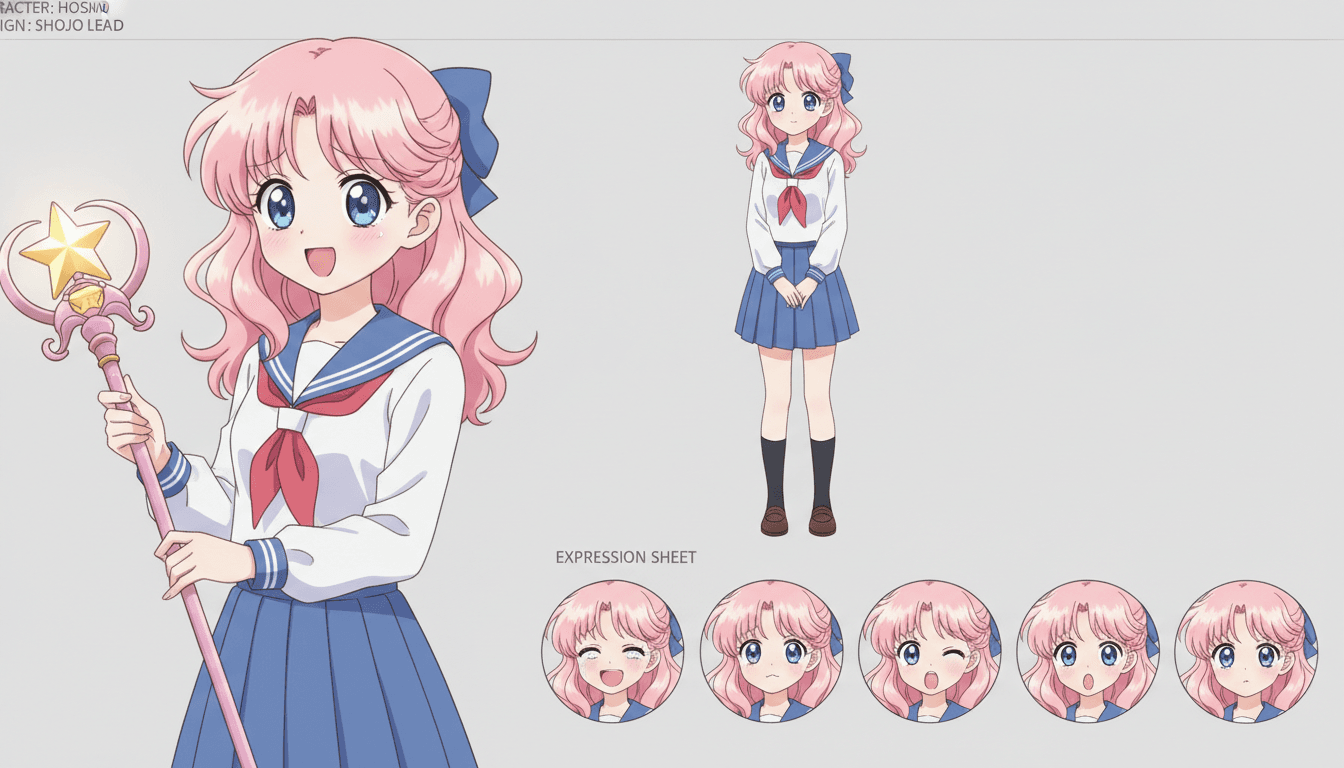 Anime character model sheet of a shojo lead with large expressive eyes, shown in front and three-quarter views with an expression row