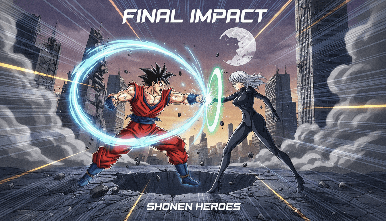 A shonen style anime frame: a battle caught mid-impact with radial speed lines and dramatic rim lighting