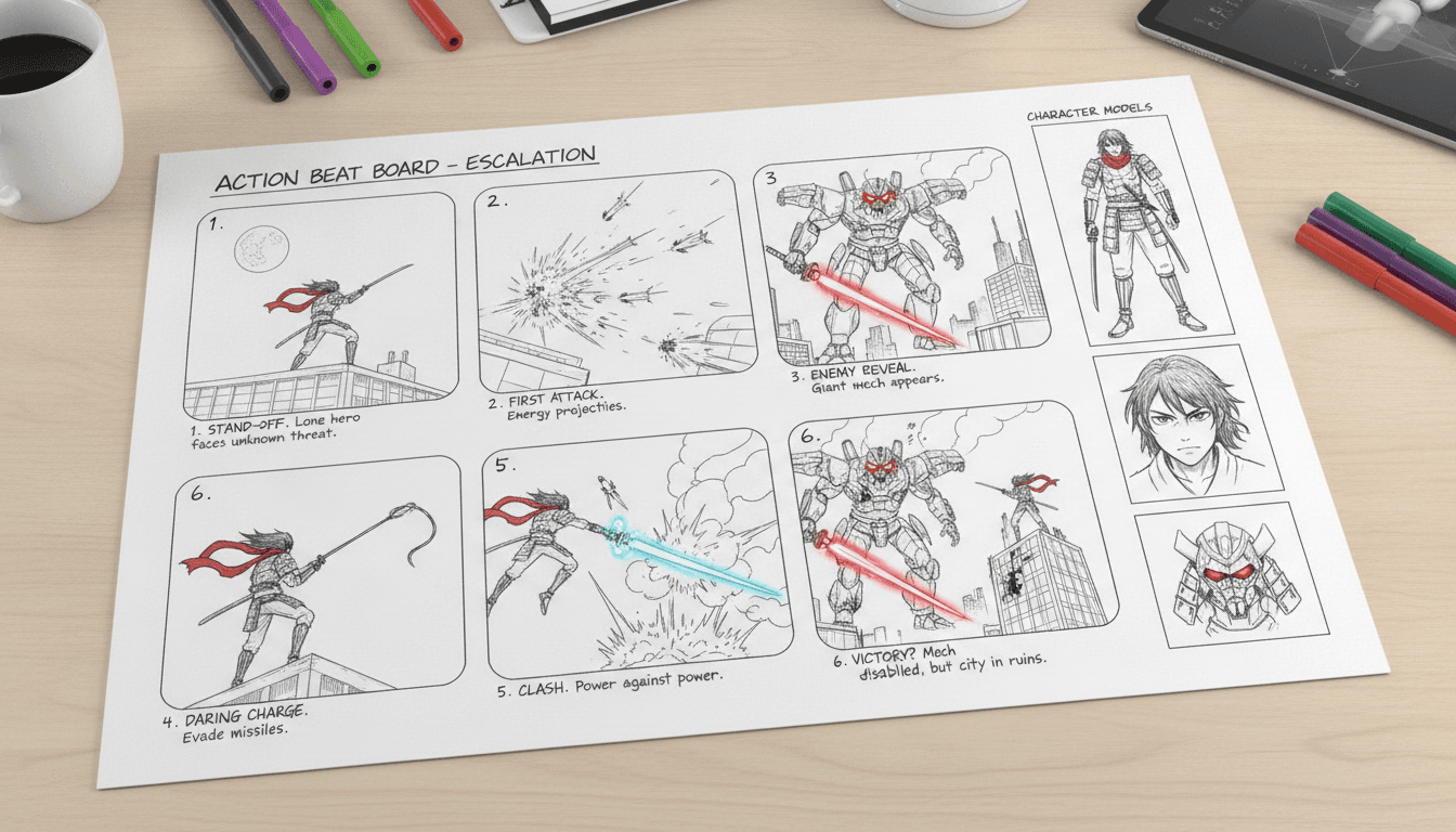 Anime storyboard sheet of an action beat board with numbered panels and a character model sheet in the margin