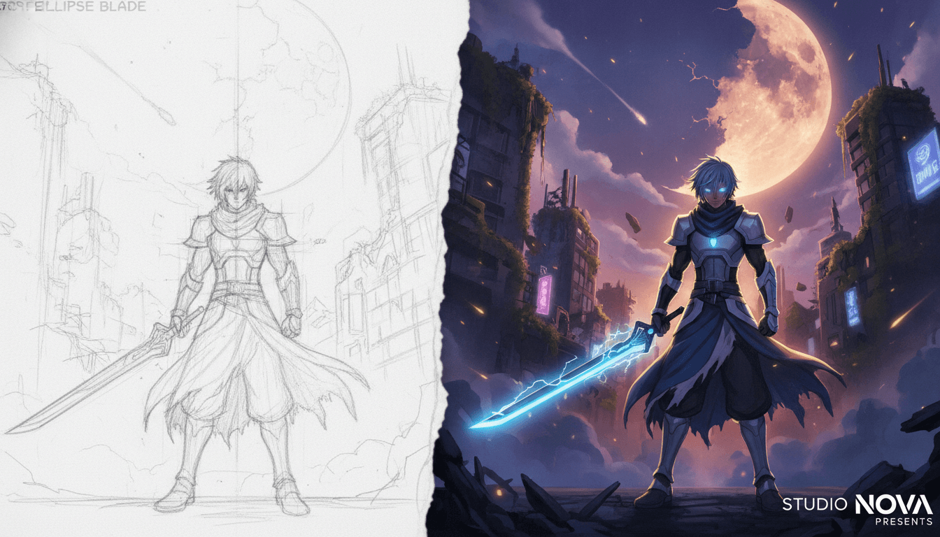 A rough pencil sketch of an anime character resolving into a finished, fully rendered anime frame