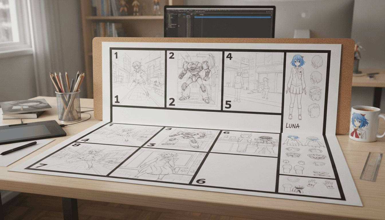 An anime storyboard sheet with rough sketches pinned above their finished rendered versions
