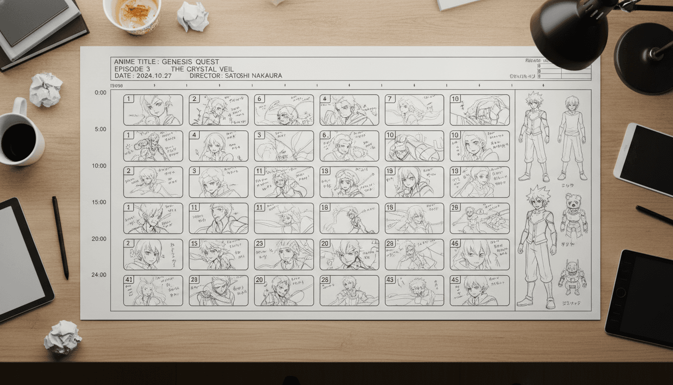A story outline mapped onto an anime episode timeline with numbered storyboard panels