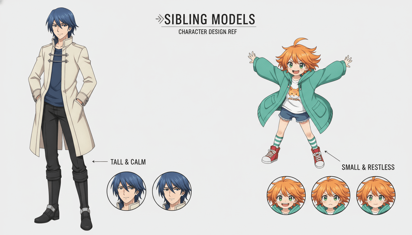 An anime character model sheet showing two siblings in consistent front, three-quarter and expression views